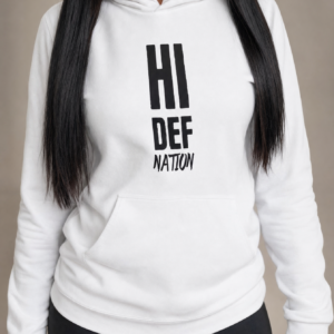 HIDEF Nation Essential Hoodie worn by Adina in a close-up graphic lookbook shot