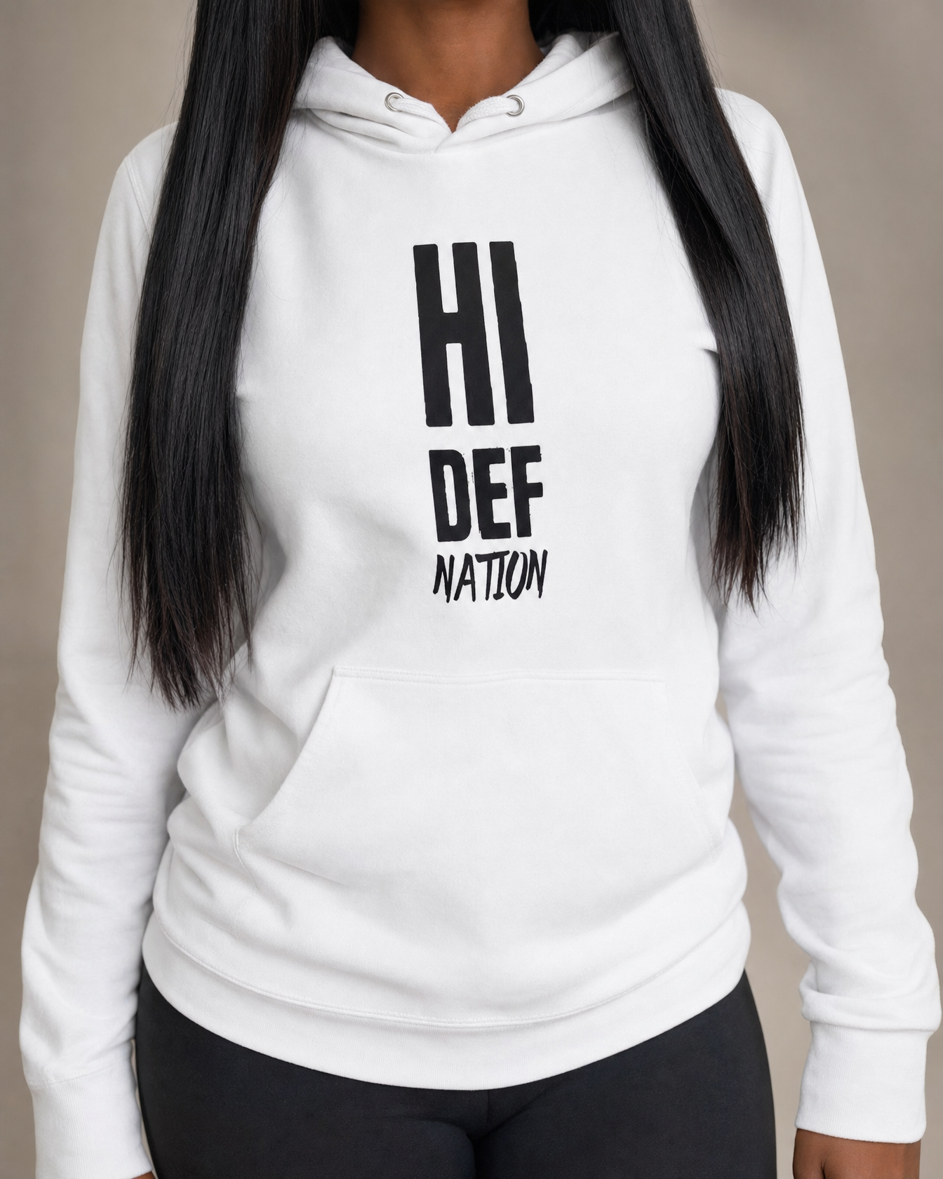 HIDEF Nation Essential Hoodie worn by Adina in a close-up graphic lookbook shot